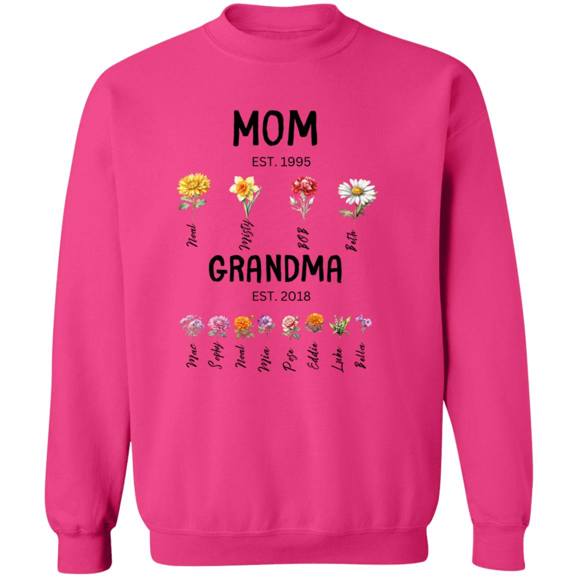 Gift For Mom/Grandma Est. Birth Flowers Crewneck Pullover Sweatshirt