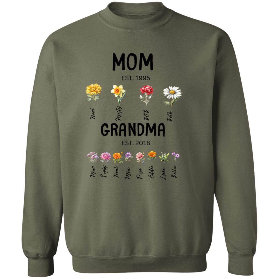 Gift For Mom/Grandma Est. Birth Flowers Crewneck Pullover Sweatshirt