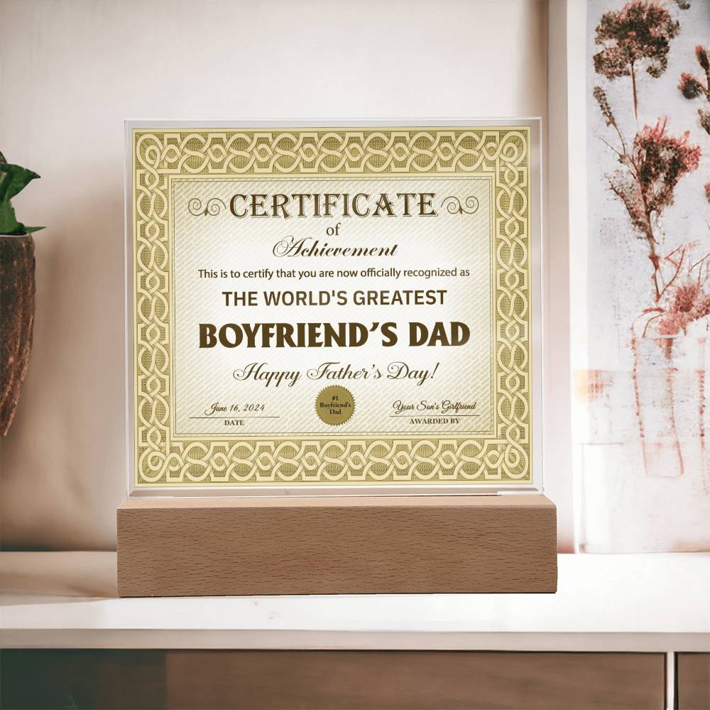 Gift for Boyfriend's Dad-Certificate of Achievement- Acrylic Plaque