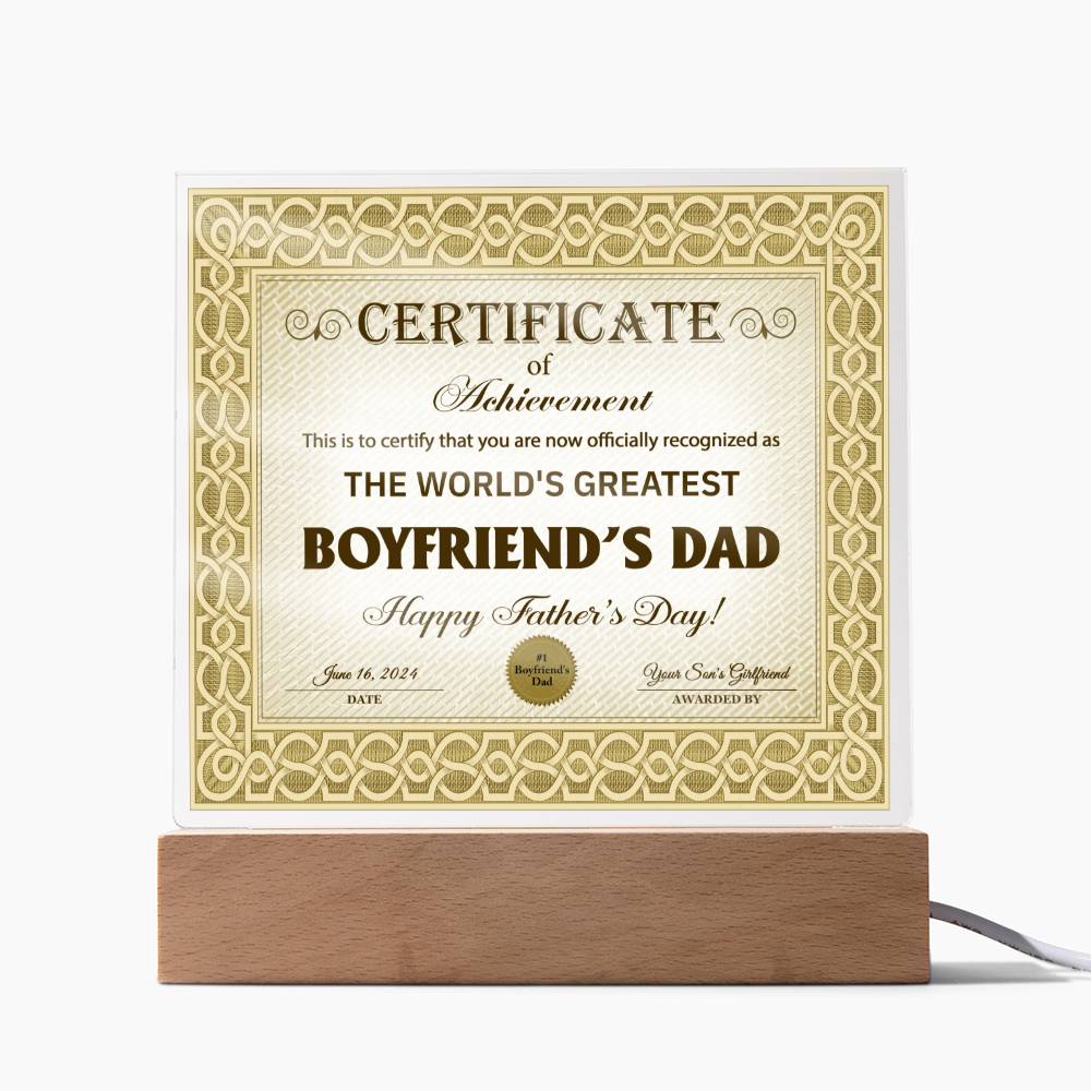 Gift for Boyfriend's Dad-Certificate of Achievement- Acrylic Plaque