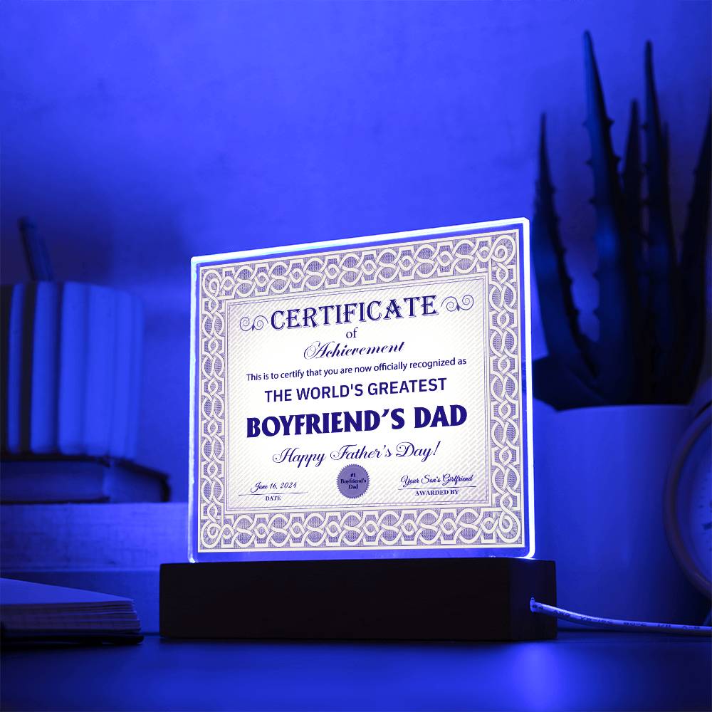 Gift for Boyfriend's Dad-Certificate of Achievement- Acrylic Plaque