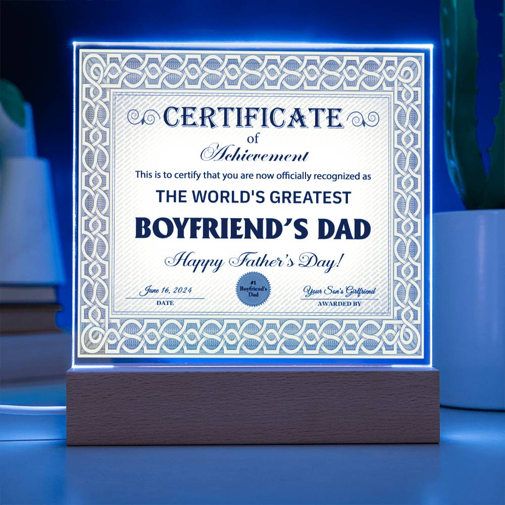 Gift for Boyfriend's Dad-Certificate of Achievement- Acrylic Plaque