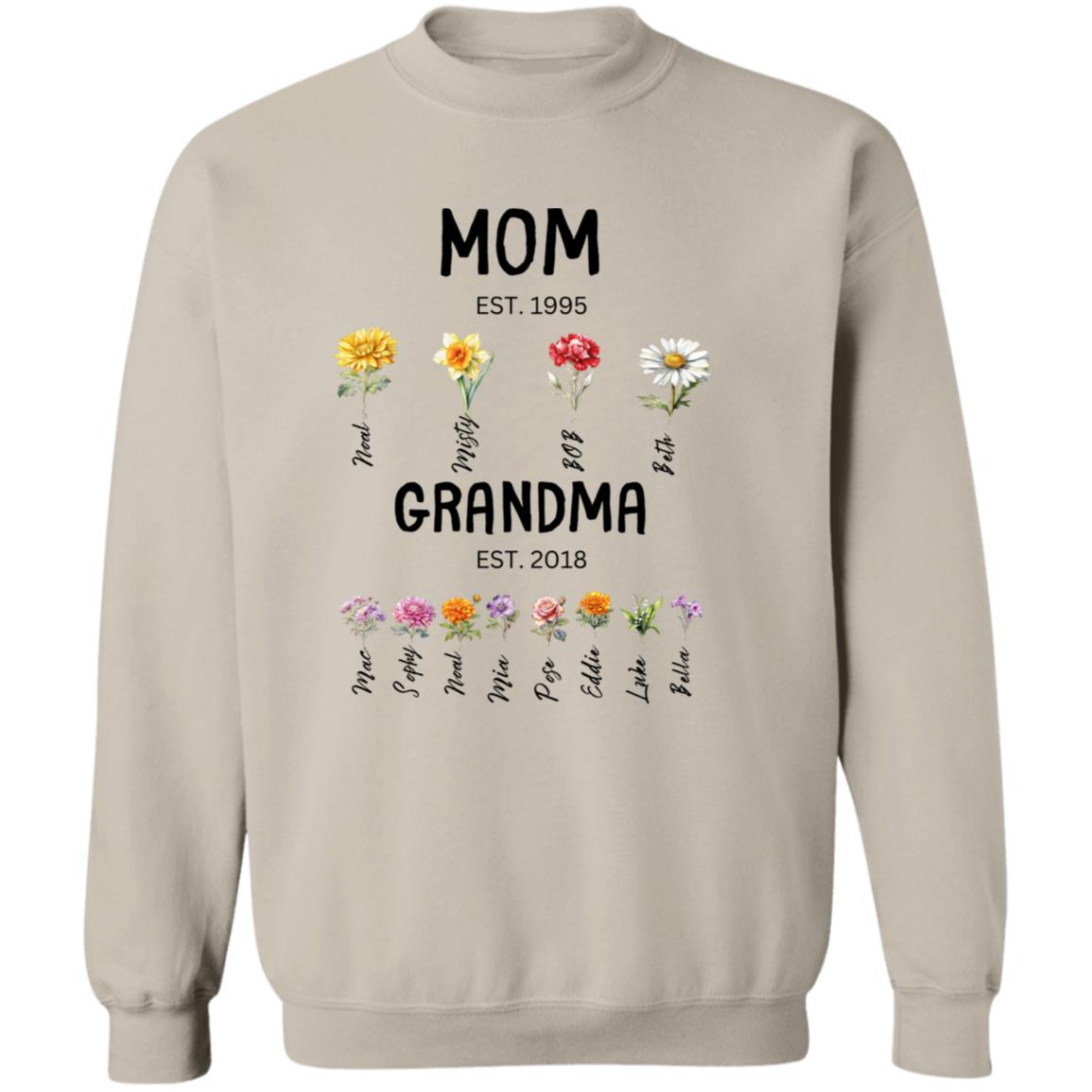 Gift For Mom/Grandma Est. Birth Flowers Crewneck Pullover Sweatshirt